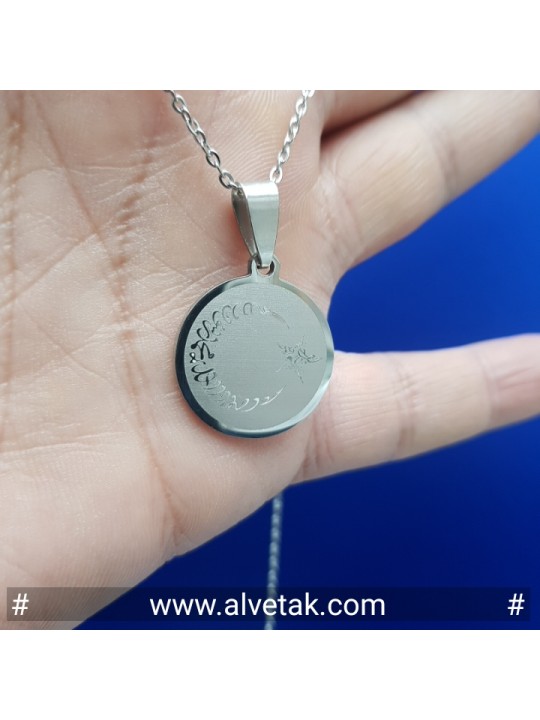 Paslanmaz Ay Yıldız Figürlü Gri Renk Çelik Kolye [ Yuvarlak Küçük Model ]