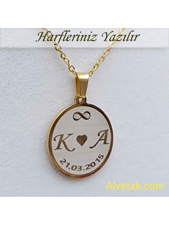 Sarı Gold Harfli Tarihli Figürlü Çelik Kolye [Yuvarlak Model : 25mm]