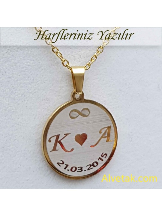 Sarı Gold Harfli Tarihli Figürlü Çelik Kolye [Yuvarlak Model : 25mm]