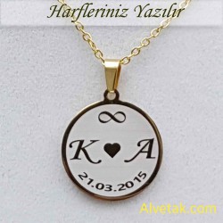 Sarı Gold Harfli Tarihli Figürlü Çelik Kolye [Yuvarlak Model : 25mm]