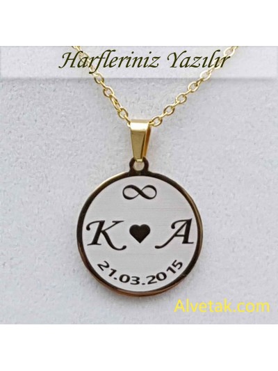 Sarı Gold Harfli Tarihli Figürlü Çelik Kolye [Yuvarlak Model : 25mm]