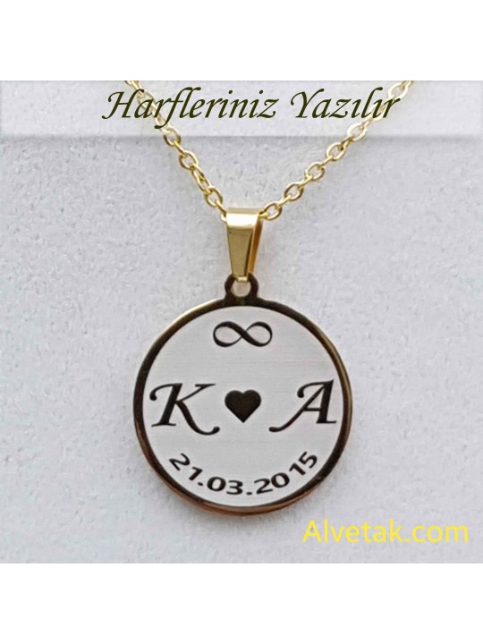 Sarı Gold Harfli Tarihli Figürlü Çelik Kolye [Yuvarlak Model : 25mm]