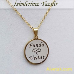 Sarı Gold İki İsimli Kalp ve Sonsuzluklu Çelik Kolye [Yuvarlak Model : 25mm]
