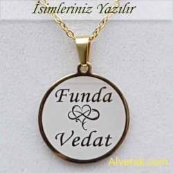 Sarı Gold İki İsimli Kalp ve Sonsuzluklu Çelik Kolye [Yuvarlak Model : 25mm]