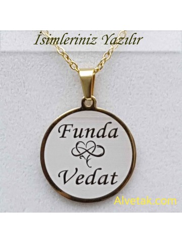 Sarı Gold İki İsimli Kalp ve Sonsuzluklu Çelik Kolye [Yuvarlak Model : 25mm]