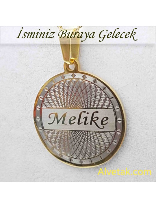 Sarı Gold Helezon Figürlü İsimli Çelik Kolye [Yuvarlak Model : 25mm]