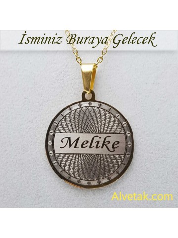 Sarı Gold Helezon Figürlü İsimli Çelik Kolye [Yuvarlak Model : 25mm]