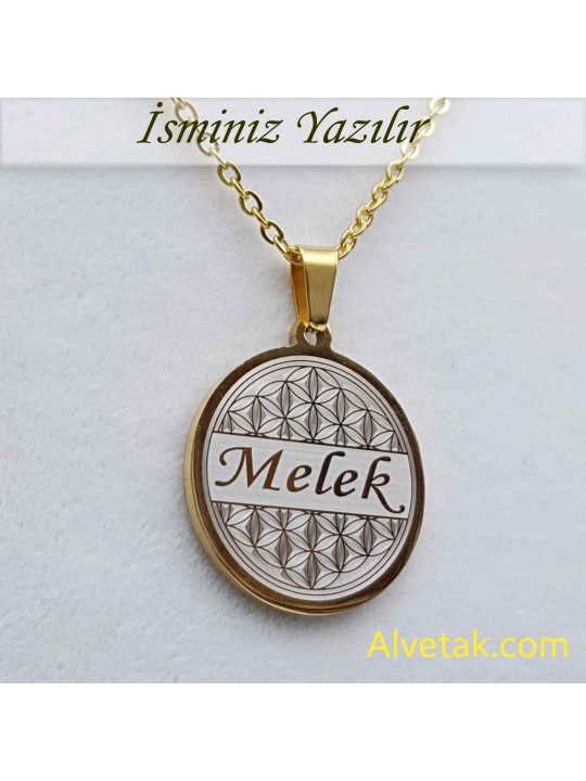Sarı Gold Yaşam Çiçeği Figürlü İsimli Çelik Kolye [Yuvarlak Model : 25mm]