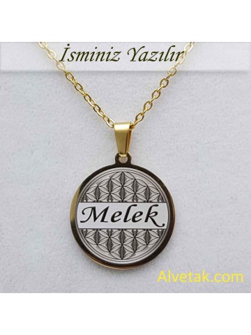 Sarı Gold Yaşam Çiçeği Figürlü İsimli Çelik Kolye [Yuvarlak Model : 25mm]