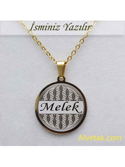 Sarı Gold Yaşam Çiçeği Figürlü İsimli Çelik Kolye [Yuvarlak Model : 25mm]