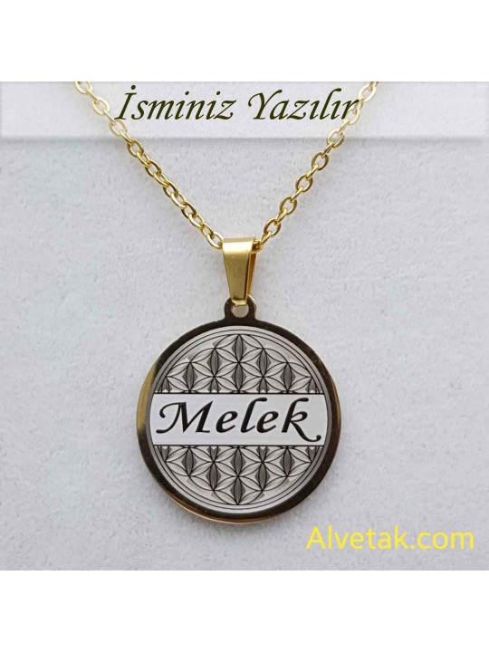 Sarı Gold Yaşam Çiçeği Figürlü İsimli Çelik Kolye [Yuvarlak Model : 25mm]