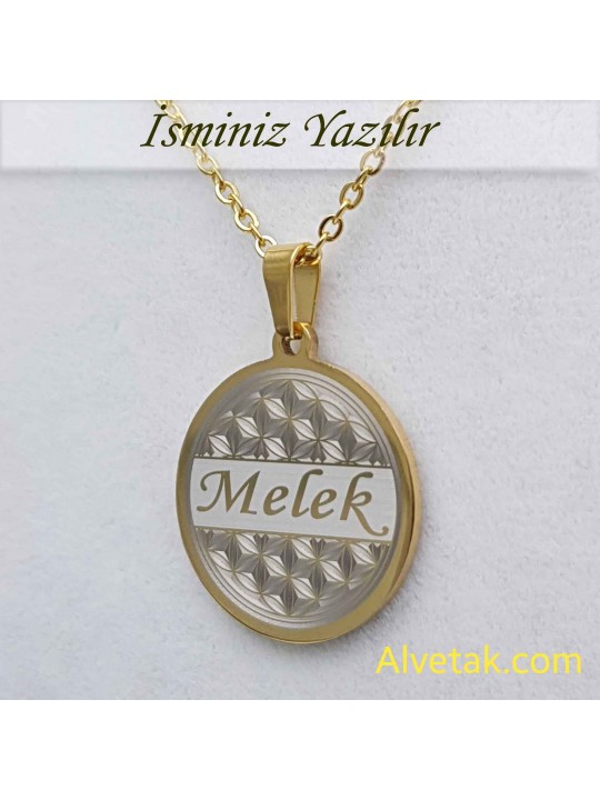 Sarı Gold Yaşam Çiçeği Figürlü İsimli Çelik Kolye [Yuvarlak Model : 25mm]