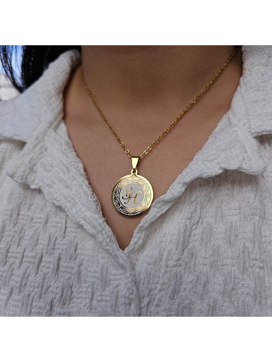 Harfli Kolye, Desenli, Paslanmaz Çelik,Gold Renk