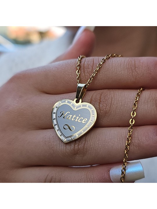 İsimli Kolye, Gold Renk, Kalp Şekilli, Çerçeveli, Paslanmaz Çelik