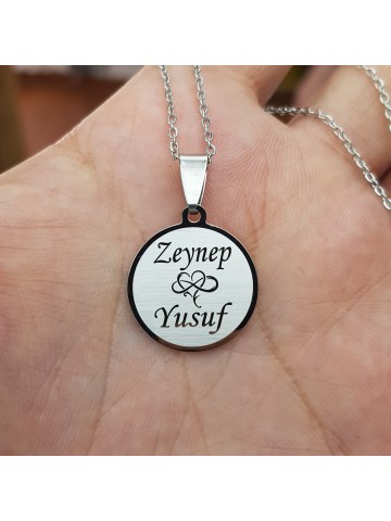 İki İsimli ve Kalpli Çelik Kolye [ Yuvarlak Model  : r = 20mm]