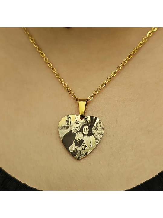Resimli Kolye, Gold Renk, ,Resimli Kalp Kolye, Paslanmaz Çelik, Çelik Kolye