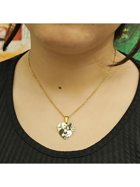 Resimli Kolye, Gold Renk, ,Resimli Kalp Kolye, Paslanmaz Çelik, Çelik Kolye