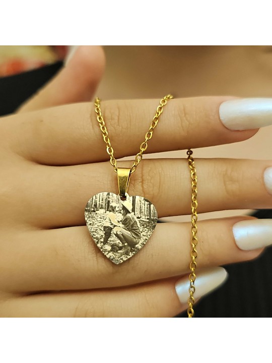 Resimli Kolye, Gold Renk, Resimli Kalp Kolye, Paslanmaz Çelik, Çelik Kolye