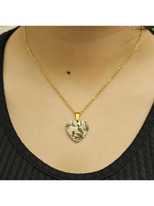 Resimli Kolye, Gold Renk, Resimli Kalp Kolye, Paslanmaz Çelik, Çelik Kolye