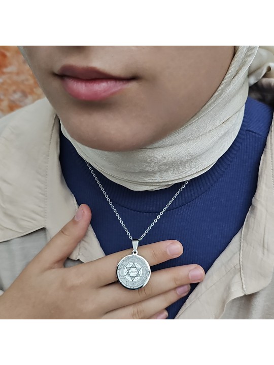 Mührü Süleyman Kolye, Kararmaz Çelik, Gümüş Renk, Büyük Model