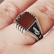 Kırmızı Akik Taşlı 925 Ayar Gümüş Erkek Yüzük : 00001