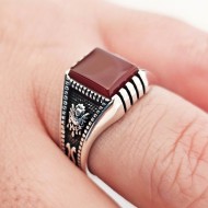 Kırmızı Akik Taşlı 925 Ayar Gümüş Erkek Yüzük : 00004