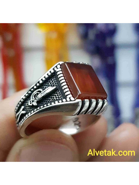Kırmızı Akik Taşlı 925 Ayar Gümüş Erkek Yüzük : 00007