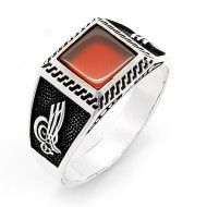 Kırmızı Akik Taşlı 925 Ayar Gümüş Erkek Yüzük : 00013