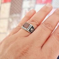 Akik Taşlı Yüzük, 925 Ayar Gümüş, Dörtgen Kesim Kırmızı Akik, Yanlar Osmanlı Ordu Arma