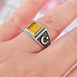 Kaplan Gözü Taşlı  Erkek Yüzük, 925 Ayar Gümüş, Dörtgen Kesim