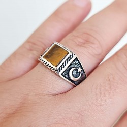 Kaplan Gözü Taşlı  Erkek Yüzük, 925 Ayar Gümüş, Dörtgen Kesim