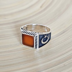 akik taşlı yüzük, 925 ayar gümüş, dörtgen kesim, kırmızı renk, 00018