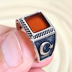 akik taşlı yüzük, 925 ayar gümüş, dörtgen kesim, kırmızı renk, 00018