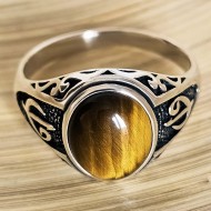 kaplan gözü taşlı yüzük, elips ve bombeli, 925 ayar gümüş, 00027