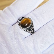 kaplan gözü taşlı yüzük, elips ve bombeli, 925 ayar gümüş, 00027