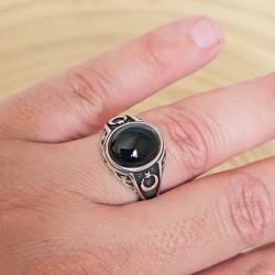 Ay Yıldız Motifli Siyah Oniks Taşlı Gümüş Yüzük, Eliptik Kesim, Özel Tasarım, 00038 Ay Yıldız Motifli Siyah Oniks Taşlı Gümüş Yüzük, Eliptik Kesim, Özel Tasarım, 00038