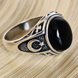Ay Yıldız Motifli Siyah Oniks Taşlı Gümüş Yüzük, Eliptik Kesim, Özel Tasarım, 00038