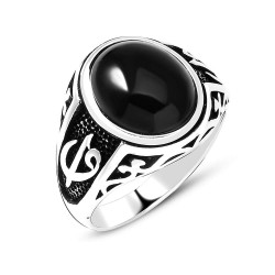 Elif ve Vav Motifli Gümüş Yüzük, Siyah Oniks Taş, Manevi Tasarım : 00041
