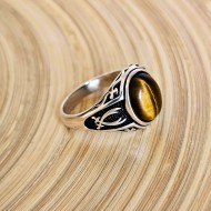 Kaplan Gözü Taşlı Gümüş Yüzük, Zülfikar Motifli, Erkek, 00042