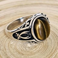 Kaplan Gözü Taşlı Gümüş Yüzük, Zülfikar Motifli, Erkek, 00042