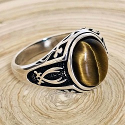 Kaplan Gözü Taşlı Gümüş Yüzük, Zülfikar Motifli, Erkek, 00042