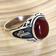  Kırmızı Akik Taşlı 925 Ayar Gümüş Erkek Yüzük : 00043