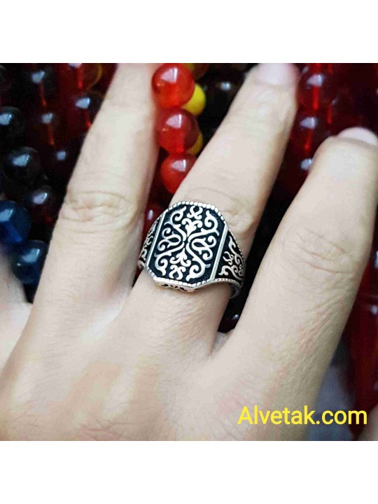 Desenli Dörtgen 925 Ayar Gümüş Erkek Yüzük : 00090