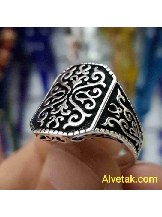 Desenli Dörtgen 925 Ayar Gümüş Erkek Yüzük : 00090