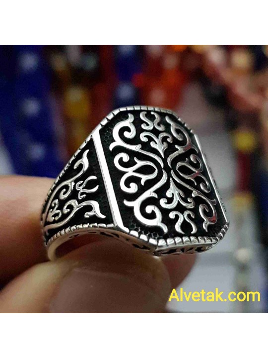 Desenli Dörtgen 925 Ayar Gümüş Erkek Yüzük : 00090