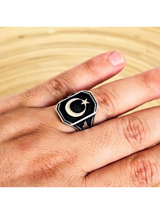 Ay Yıldız Figürlü 925 Ayar Gümüş Erkek Yüzük : 00230
