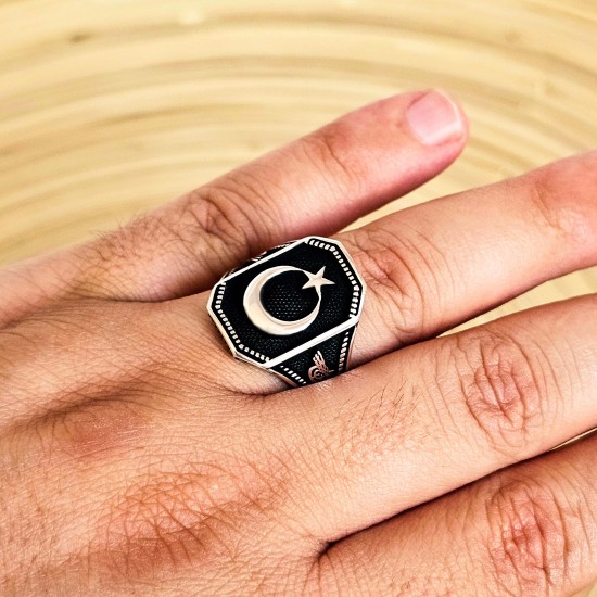  Ay Yıldız Figürlü 925 Ayar Gümüş Erkek Yüzük : 00230