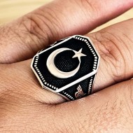  Ay Yıldız Figürlü 925 Ayar Gümüş Erkek Yüzük : 00230