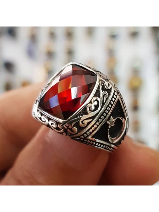 kırmızı zirkon taşlı 925 ayar gümüş erkek yüzük : 00256