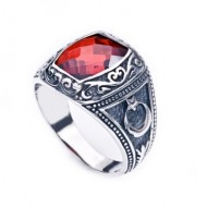 kırmızı zirkon taşlı 925 ayar gümüş erkek yüzük : 00256